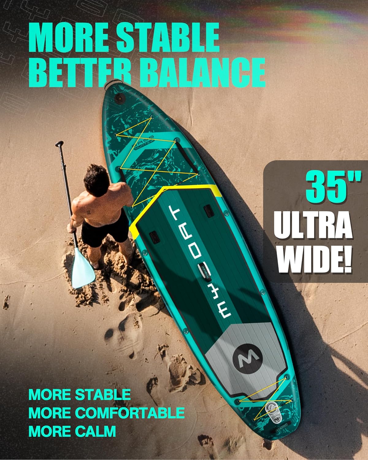 MYBOAT 11'6'×34'×6' Extra Wide Inflatable Paddle Board, Stand Up Paddle Board for Fishing, Sup Board with 3 Removable Fins, Dual Bungees, Camera Mount, Hand Pump, Strong Paddle,Leash