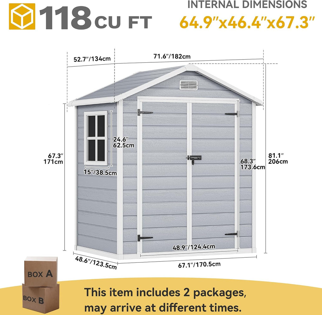 DWVO 6x4.4 FT Resin Storage Shed with Reinforced Floor, Outdoor Storage Shed with Lockable Door, Window and Vents, Waterproof Plastic Tool Storage for Garden, Backyard, Patio, Lawn