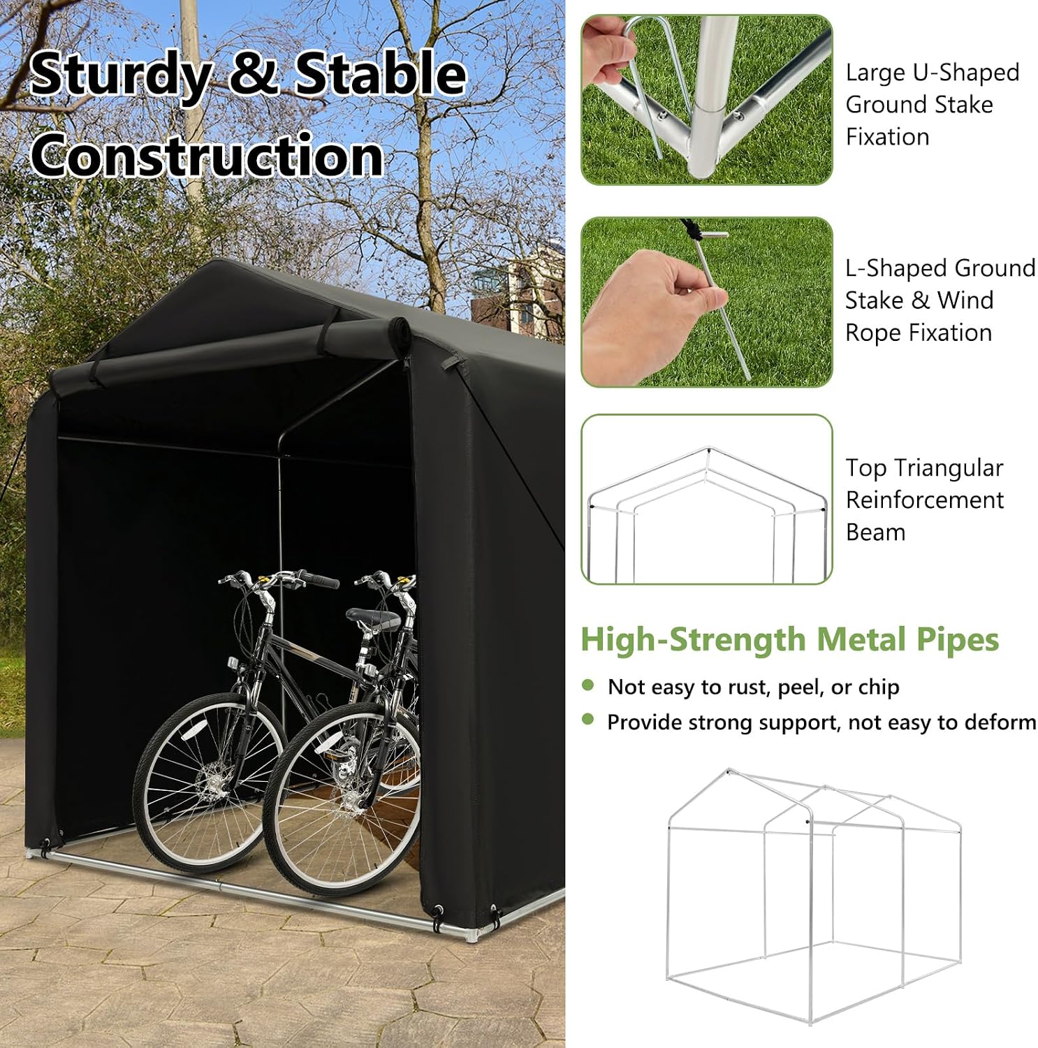 Goplus Portable Storage Shed, 7 x 5.2 x 5.4 Ft Heavy Duty Motorcycle Shed w/Roll-Up Zipper Door, Metal Frame, Waterproof Cover & Wind Rope, Outdoor Storage Tent Shelter for Bike, Garden Tools