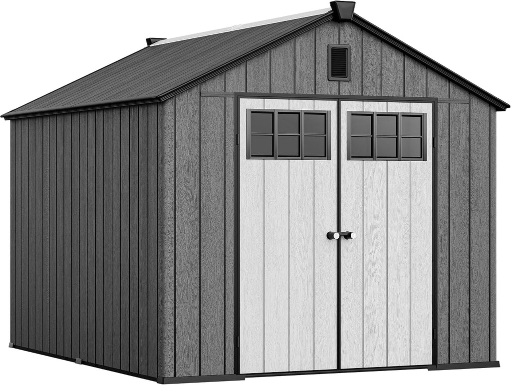 YITAHOME Large Outdoor Storage Shed 8x10 Ft, Extra Thick Plastic Storage Sheds with Floor, Lockable Doors, Vision Grid Windows, Vents, 16mm Heavy Duty Garden Storage for Bikes Mowers and Tools, Black