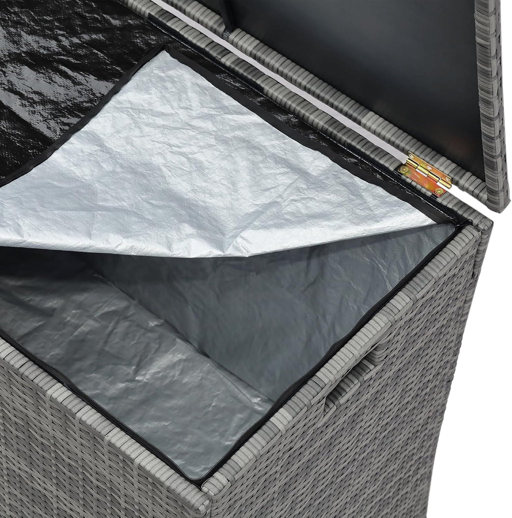 Teamson Home 154 Gallon Lined Weather Resistant Outdoor Rattan Wicker Patio Deck Storage Box with Soft Close Hinges for Patio Furniture Cushions or Pool Accessories, Gray
