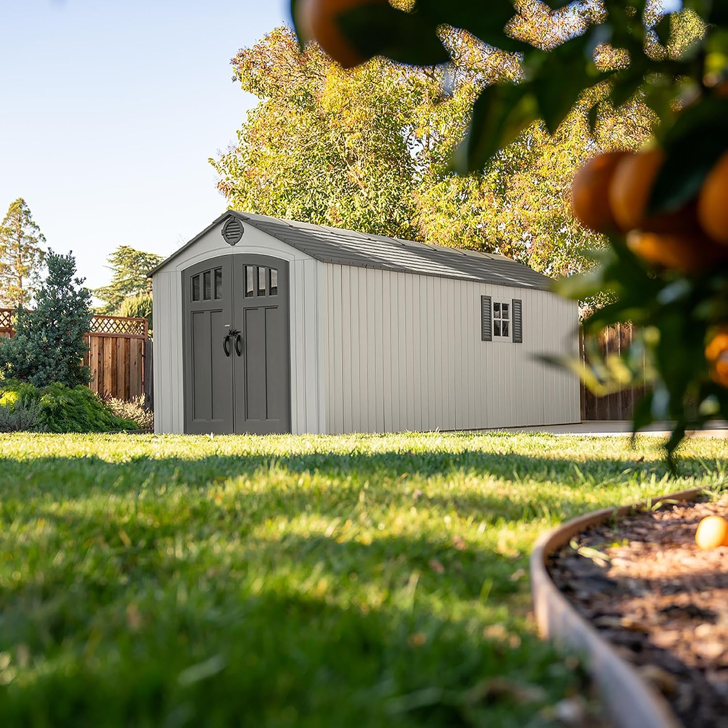 Lifetime Outdoor Storage Shed, 8x20 Ft, Gray, Resin Backyard Tool Shed with Lockable Doors and Weather-Resistant Panels
