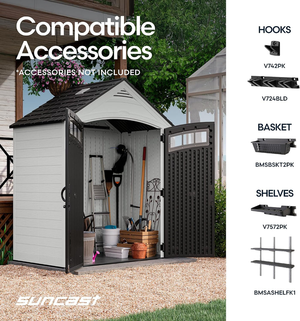 Suncast 7x4 Ft. Vista Vertical Resin Shed - Outdoor Storage Shed with Floor, Double Doors, IllumiVent™ Ventilation, Reinforced Resin Panels - Ideal for Ladders, Long-Handled Tools, & Garden Equipment