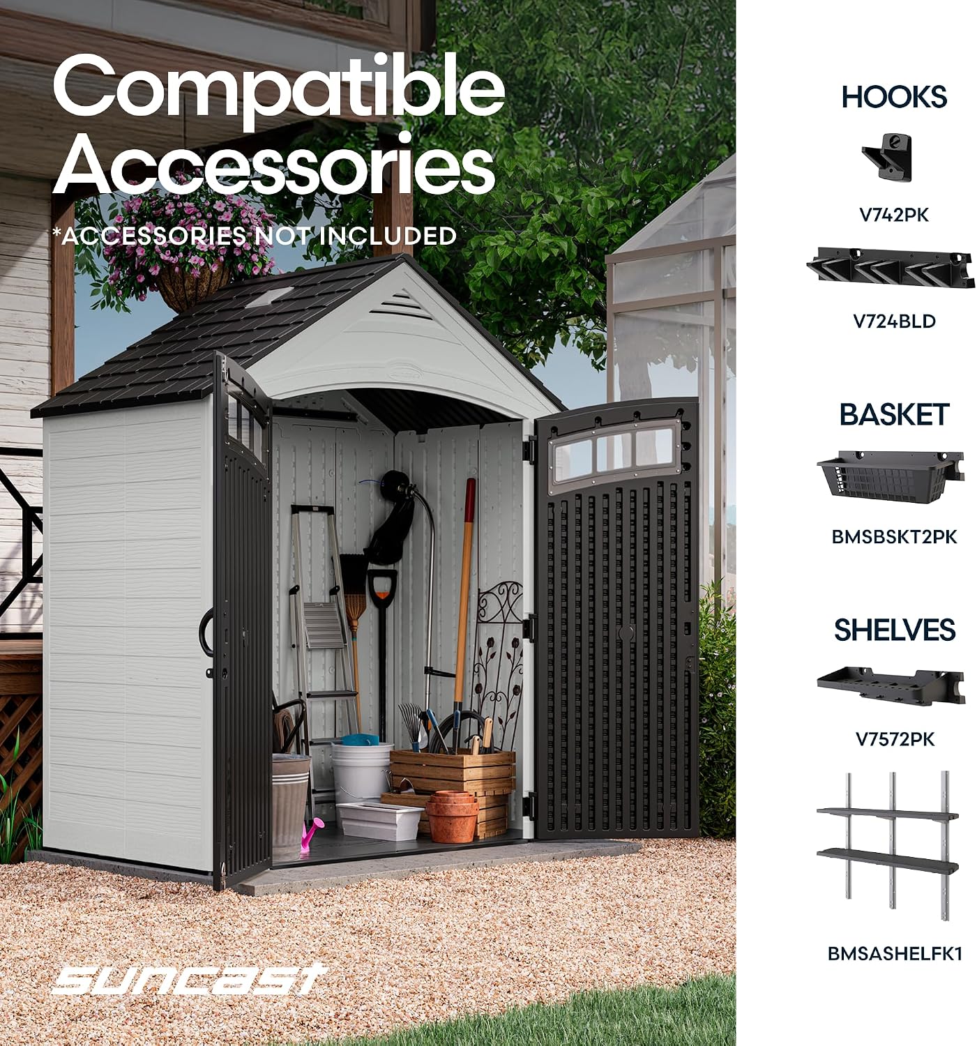 Suncast 7x4 Ft. Vista Vertical Resin Shed - Outdoor Storage Shed with Floor, Double Doors, IllumiVent™ Ventilation, Reinforced Resin Panels - Ideal for Ladders, Long-Handled Tools, & Garden Equipment