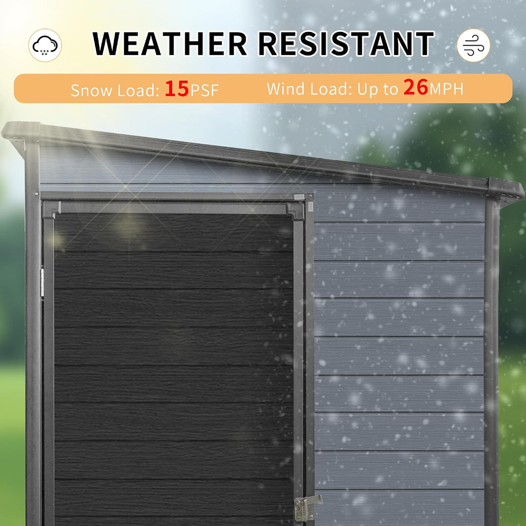 4x8ft Resin Lean to Shed with Floor, Outdoor Storage Shed with 2 Windows, Plastic Shed & Outdoor Storage Clearance for Patio Furniture, Garden Tools Bike Accessories, Beach Chairs, Black+Grey