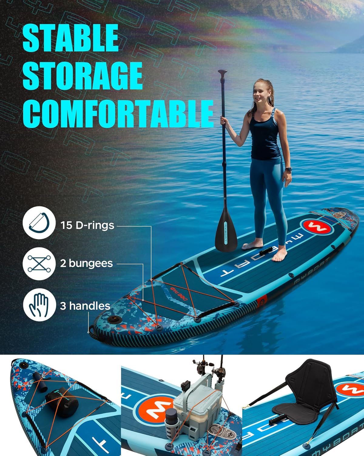 MYBOAT 11'6'×34'×6' Extra Wide Inflatable Paddle Board, Stand Up Paddle Board for Fishing, Sup Board with 3 Removable Fins, Dual Bungees, Camera Mount, Hand Pump, Strong Paddle,Leash