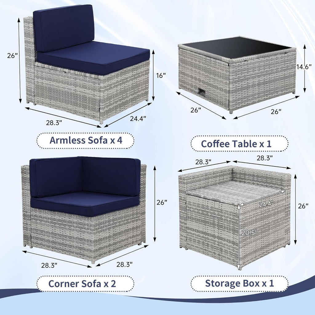 KROFEM 8-Piece Patio Furniture Set, Outdoor Wicker Rattan Sectional with Thick Cushions, Glass Top Table with Hidden Storage, Outdoor Conversation Set for Backyard, Porch, Patio, Blue
