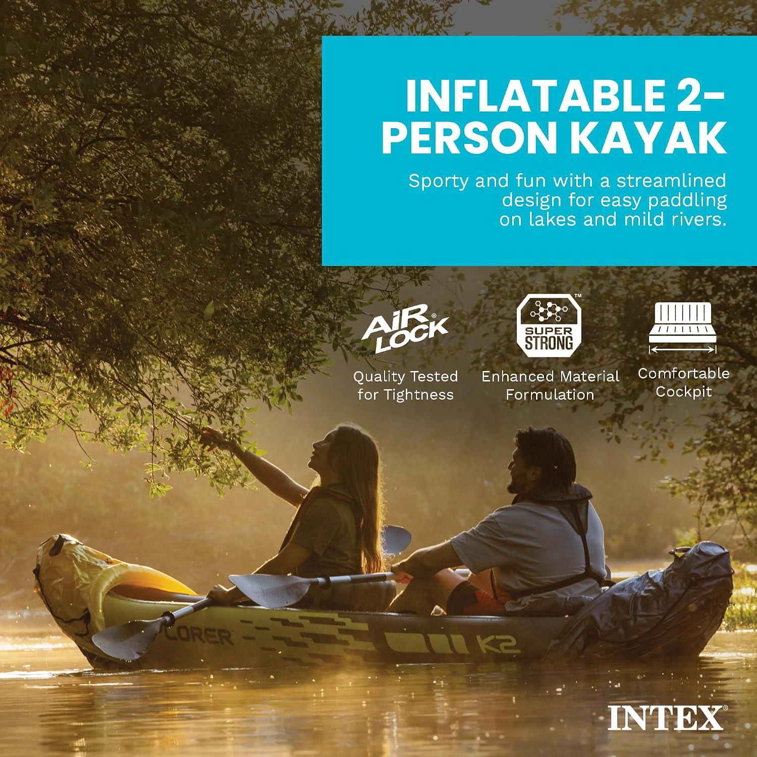 Intex 68307EP Explorer K2 Inflatable Kayak Set: Includes Deluxe 86in Aluminum Oars and High-Output Pump – SuperStrong PVC – Adjustable Seats with Backrest – 400lb Weight Capacity