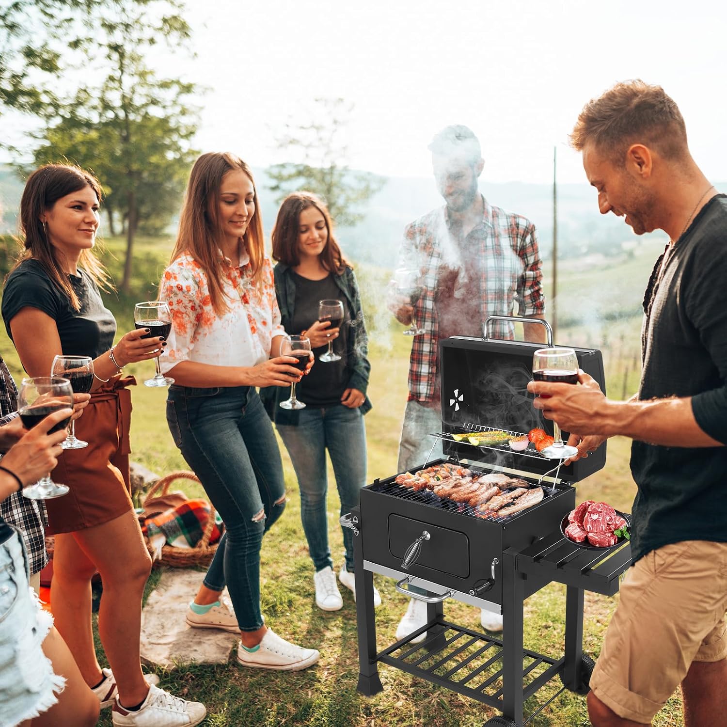 Outvita Large Barrel Charcoal BBQ Grills with 794 SQ.IN. Cooking Area, Outdoor Barbecue Grill with Adjustable Charcoal Tray & Foldable Side Table for Backyard Patio Picnic