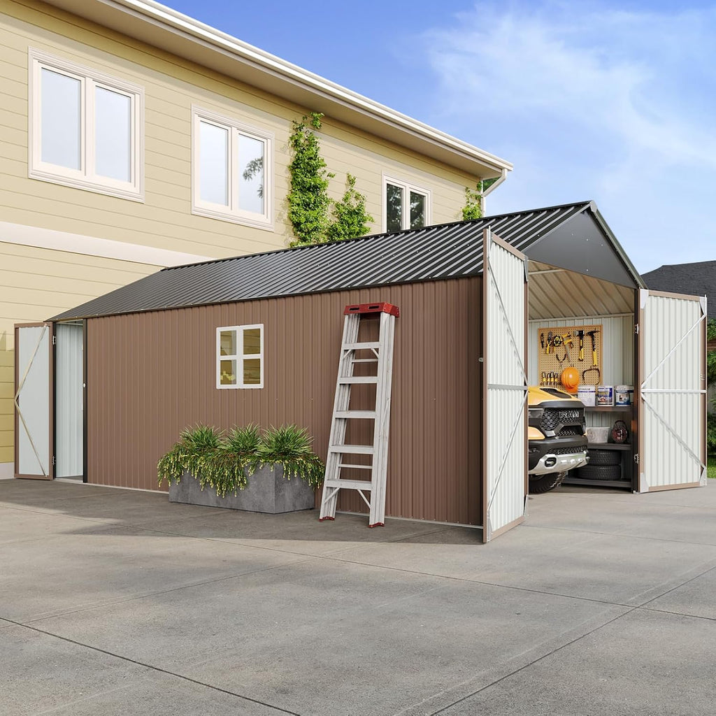 Aoxun 12x20x9.3 FT Metal Storage Shed Outdoor Large Garage Shed Carport with Double Doors,Side Door & Windows, Heavy Duty Garden Tool Shed All-Weather Outdoor Building for Vehicles & Sundries(Brown)