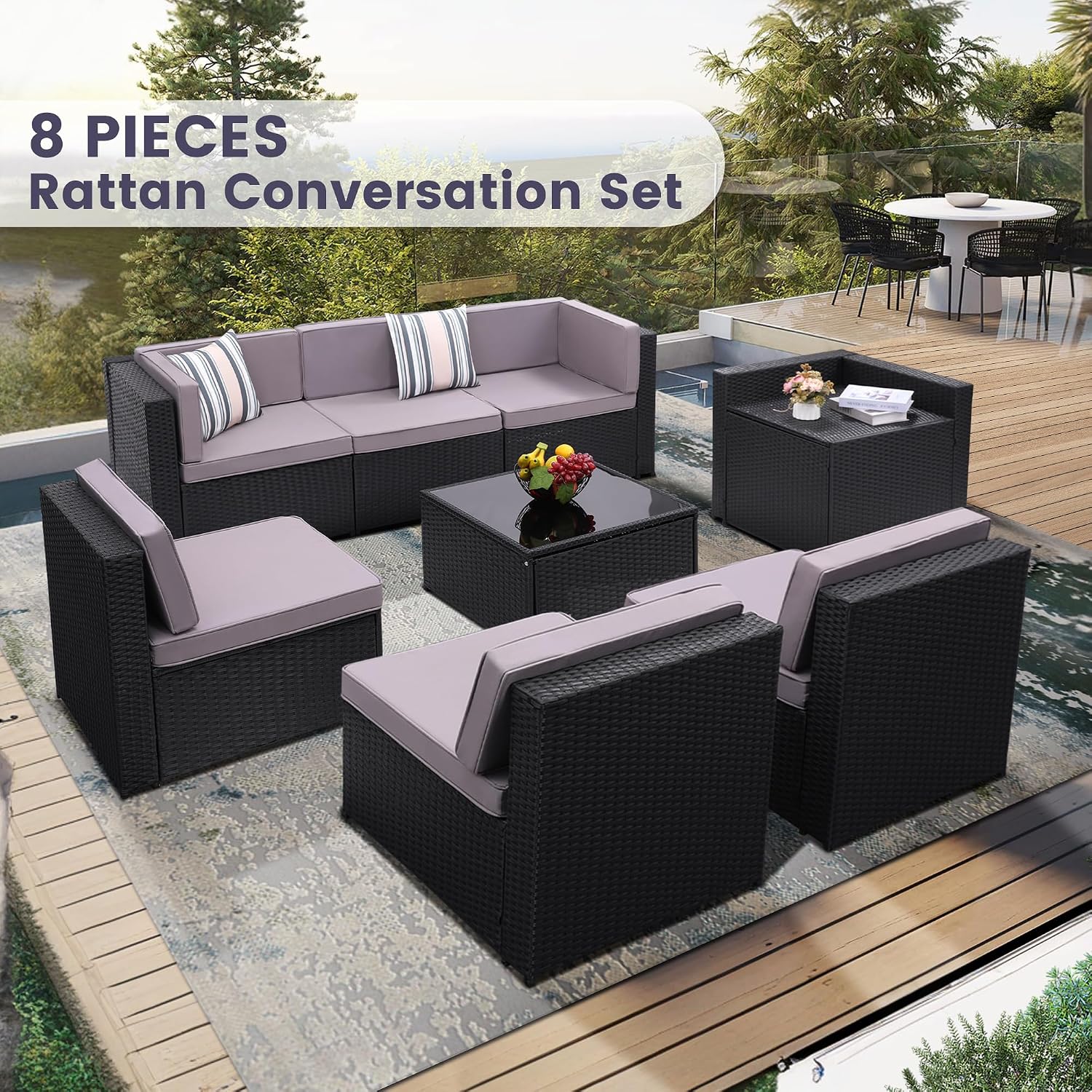 KROFEM 8-Piece Patio Furniture Set, Outdoor Wicker Rattan Sectional with Thick Cushions, Glass Top Table with Hidden Storage, Outdoor Conversation Set for Backyard, Porch, Patio, Black and Grey