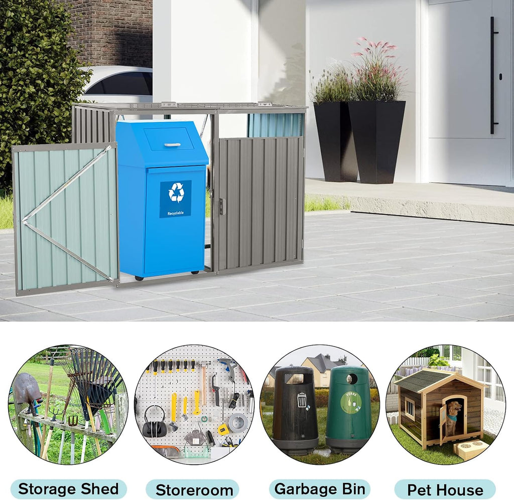 KEIKI 63' Garbage Bin Shed Stores 2 Metal Trash Cans,Outdoor Storage Lockable for Garden Yard Lawn Patio
