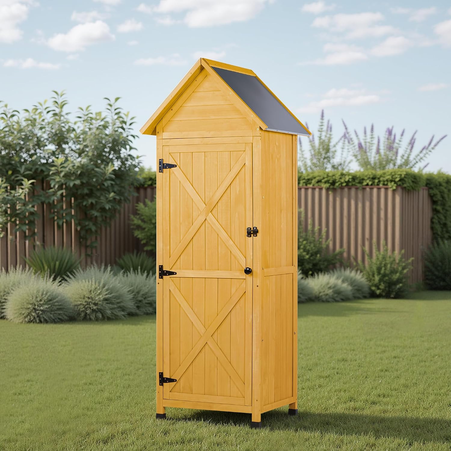 Wooden Outdoor Storage Cabinet,Tall Vertical Garden Tool Shed with Waterproof Metal Roof & Adjustable Feet – Perfect for Yard, Patio, Lawn & Deck (Yellow, 22' x 26' x 67')