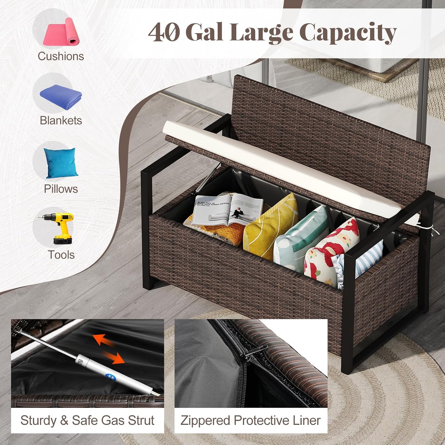 Tangkula 40 Gallon Outdoor Bench with Storage, Patio Wicker Storage Bench with Cushion, Cover, Metal Frame, Deck Box Seat for Backyard, Poolside, Balcony, Garden