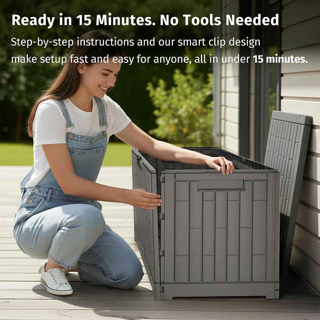 EAST OAK 120 Gallon Outdoor Storage Box, Large Resin Deck Box with Reinforced Stainless Steel Support, Waterproof & UV-Resistant Patio Storage Boxes for Cushions, Garden Tools & Pool Accessories, Grey