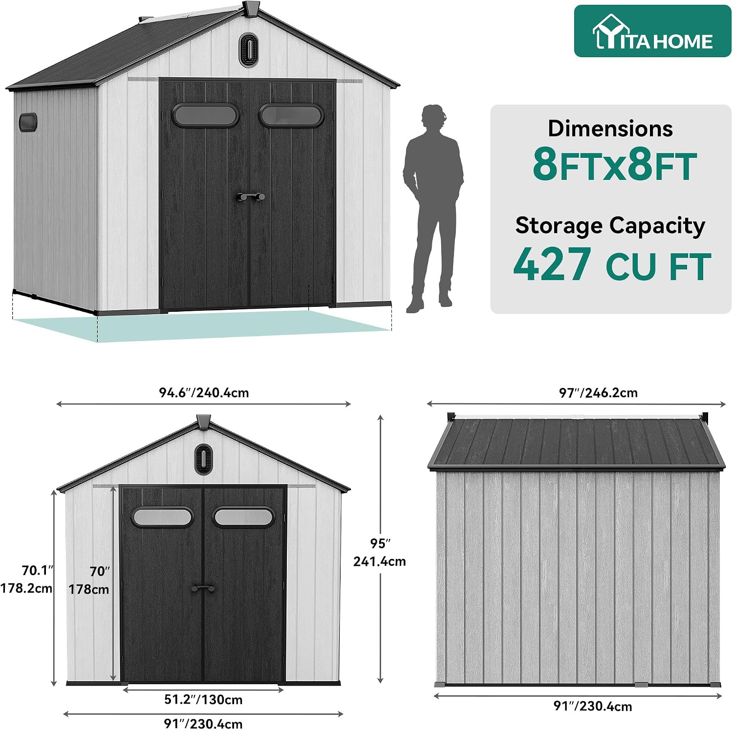 YITAHOME 8x8ft Outdoor Plastic Storage Shed with Floor, Extra Thick Waterproof Garden Shed with Lockable Door, Oval Vision Windows &Vents, 16mm Heavy Duty Tool Storage for Patio, Lawn, Bikes, Gray