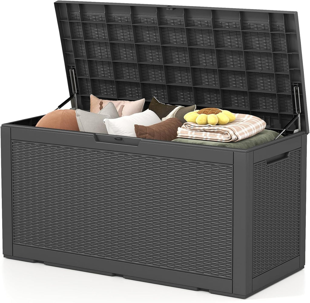 Skepphlay 100 Gallon Deck Box Outdoor Waterproof, Rattan Outdoor Storage Box, Patio Storage Boxes for Cushions, Pillow, Garden Tools, Equipment