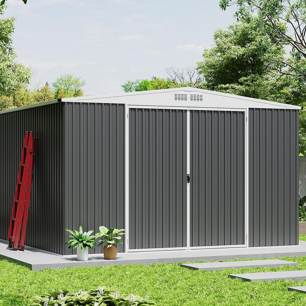 GarveeLife 9x12 Shed for Outdoor Storage, Galvanized Steel Metal Tool Sheds House with Lockable Doors, Lock & Air Vent, Large Utility Sheds for Patio Garden Lawn (9x12.6, Grey)