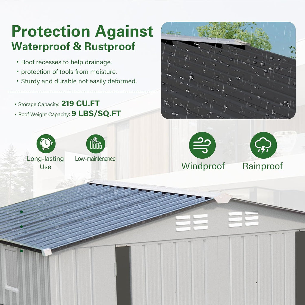 8x6 FT Outdoor Storage Shed with Windows, Metal Sheds & Outdoor Storage with Lockable Door and 4 Vents, Outside Storage Shed Waterproof for Backyard, Patio, White+Gray
