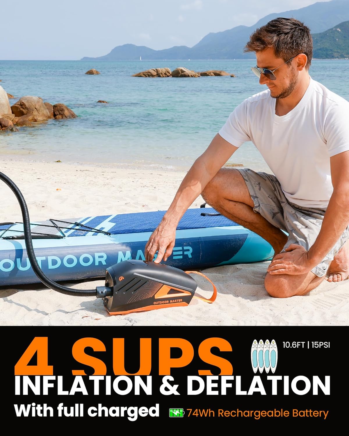 OutdoorMaster Shark 3 Paddle Board Pump Electric - 3'50' Fast Inflation, 20PSI 74Wh Rechargeable SUP Air Pump- Auto-Off & Deflation, 12V/15.8V DC & Type-C Input, 8 Nozzles for Inflatables, Boats,Kites