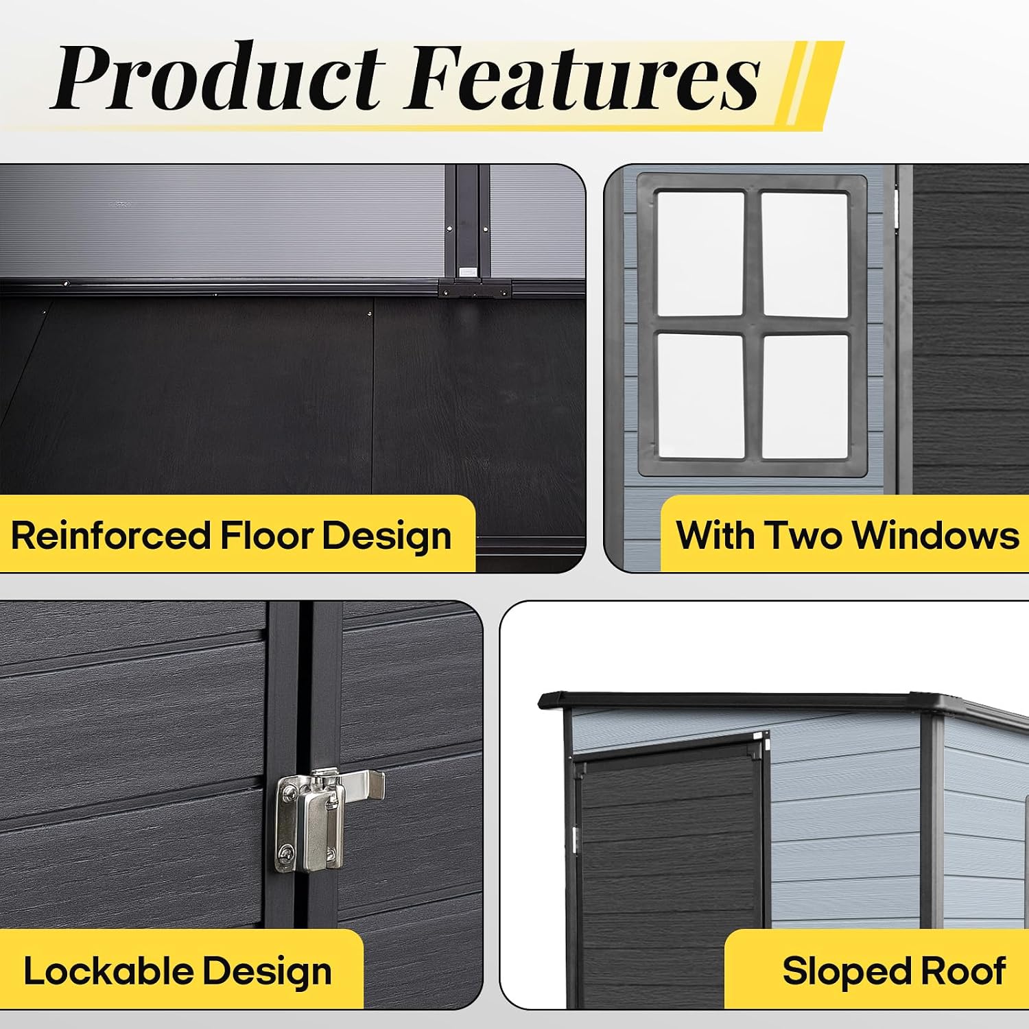 4x8 FT Lean to Shed with Floor, Resin Storage Shed & Outdoor Storage Clearance with 2 Windows, Backyard Storage Sheds for Garden, Patio, Backyard, (Black+Grey)