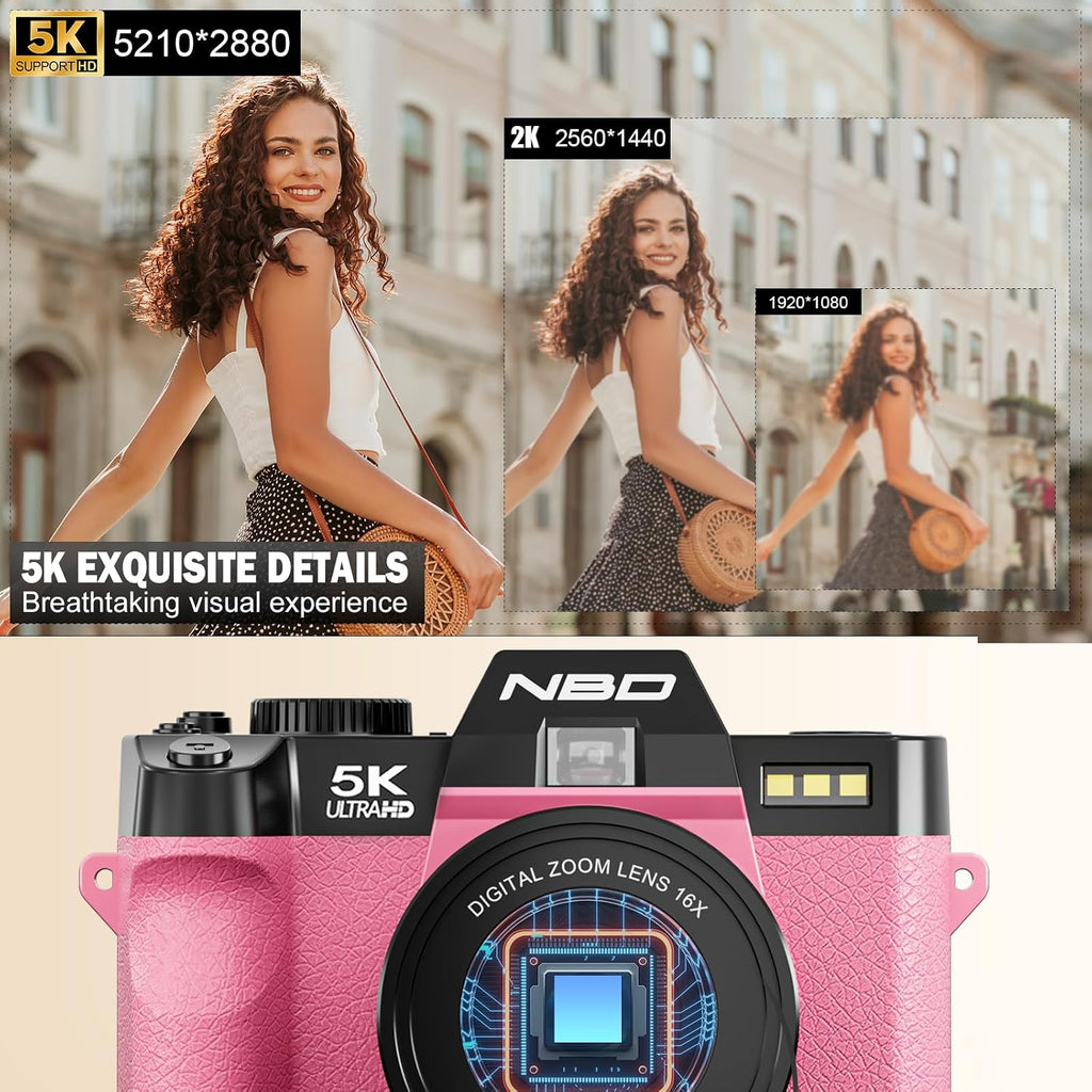 NBD 5K Digital Cameras for Photography - 16X Zoom Travel Camera with 180° Flip Screen, 64MP Vlogging Cameras Fotograficas for YouTube, Auto Focus, Macro Lens, 2 Batteries & 64GB TF Card（Pink）