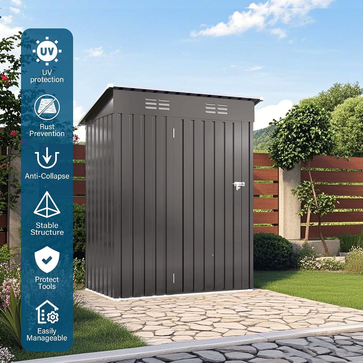 5x3 FT Outdoor Storage Shed, Small Metal Garden Shed with Lockable Hinged Door, Outside Tool Sheds with Sloped Roof & 2 Air Vents, Waterproof Storage Building for Backyard, Patio, Lawn, Gray