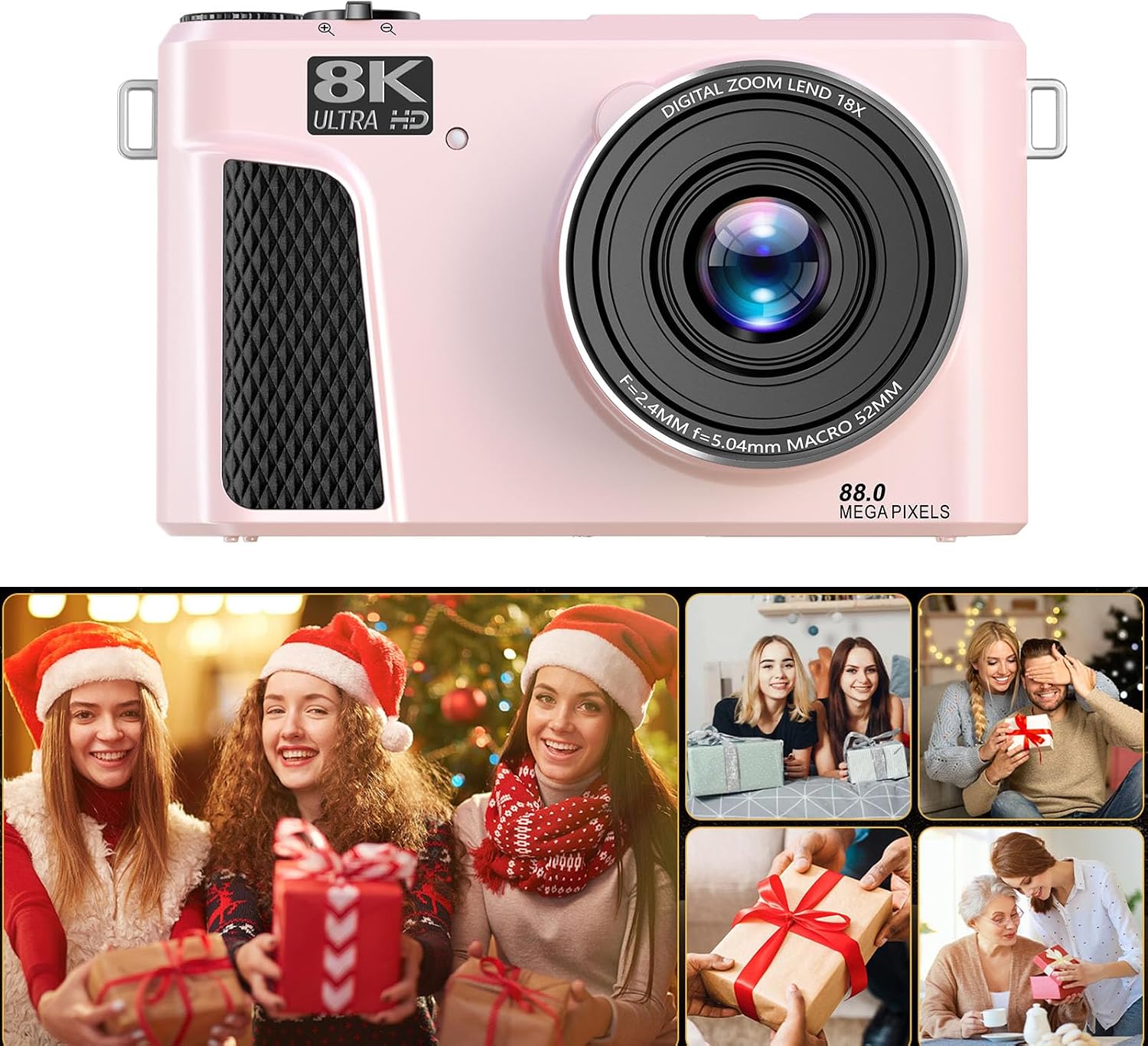 PUSOKEI 8K Digital Camera, Auto Focus 88MP Cameras for Photography, 18x Zoom WiFi Vlogging Camera, 3 inch Flip Screen, with Webcam Mode, Filter, Multiple Filters LED Fill Light (Pink)