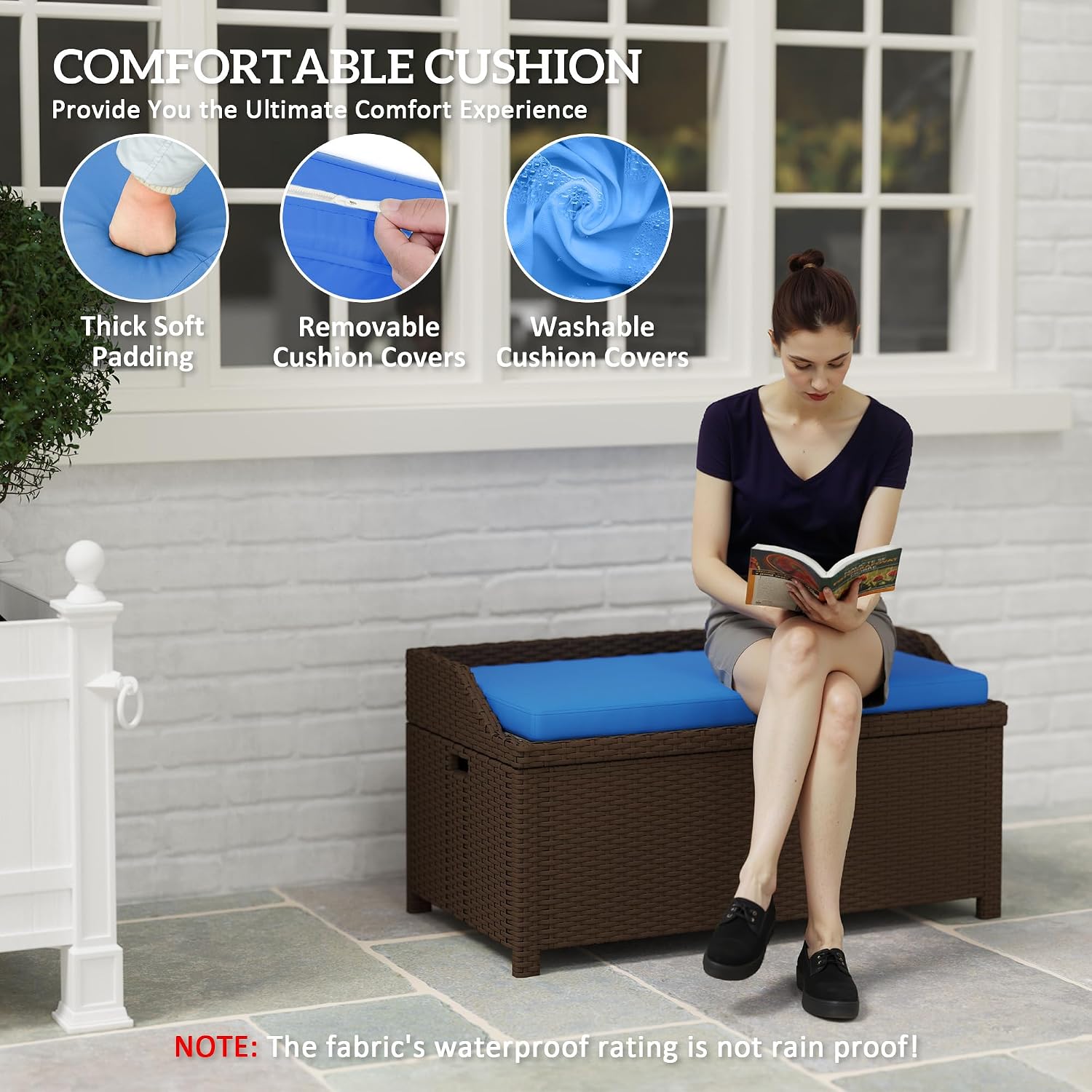 Outsunny Outdoor Wicker Storage Bench Deck Box, PE Rattan Patio Furniture Pool Storage Bin Container with Interior Waterproof Cloth Bag and Comfortable Cushion, Navy Blue
