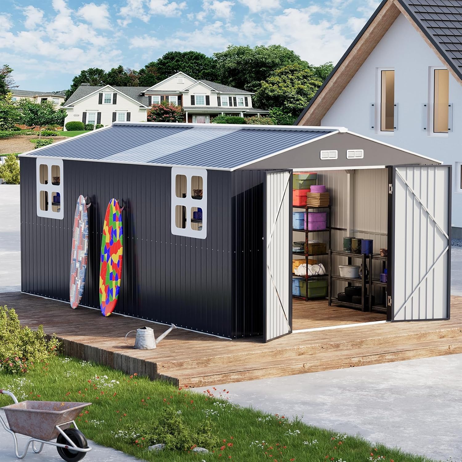 10x16 FT Metal Outdoor Storage Shed with Unique Floor Base Clear Roof Lockable Door Windows Vents,Waterproof Heavy Duty Reinforced Frame Sheds for Yard Store Bikes Large Lawnmower,Dark Grey