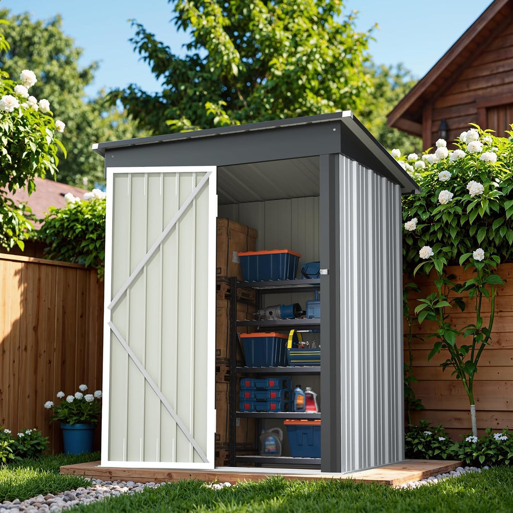 Greesum 5x3FT Outdoor Storage Shed, Utility Tool Shed Metal Storage Garden Shed with Door & Lock for Patio Storage, White