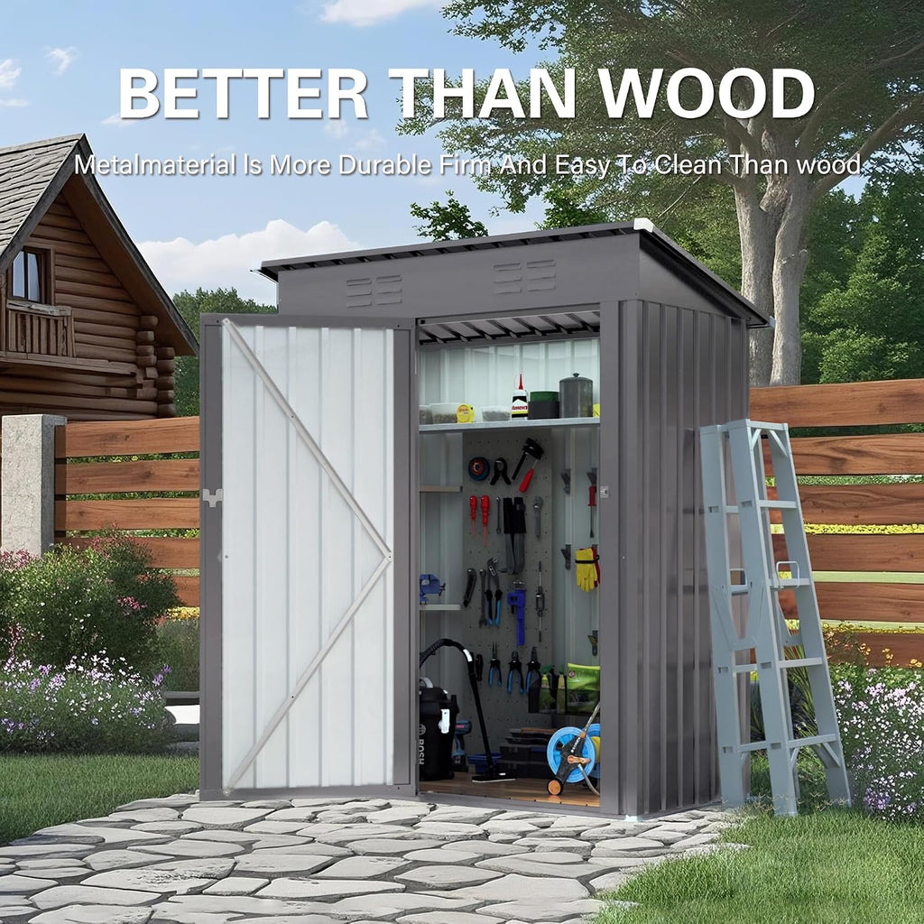 5x3 FT Outdoor Storage Shed, Small Metal Garden Shed with Lockable Hinged Door, Outside Tool Sheds with Sloped Roof & 2 Air Vents, Waterproof Storage Building for Backyard, Patio, Lawn, Gray