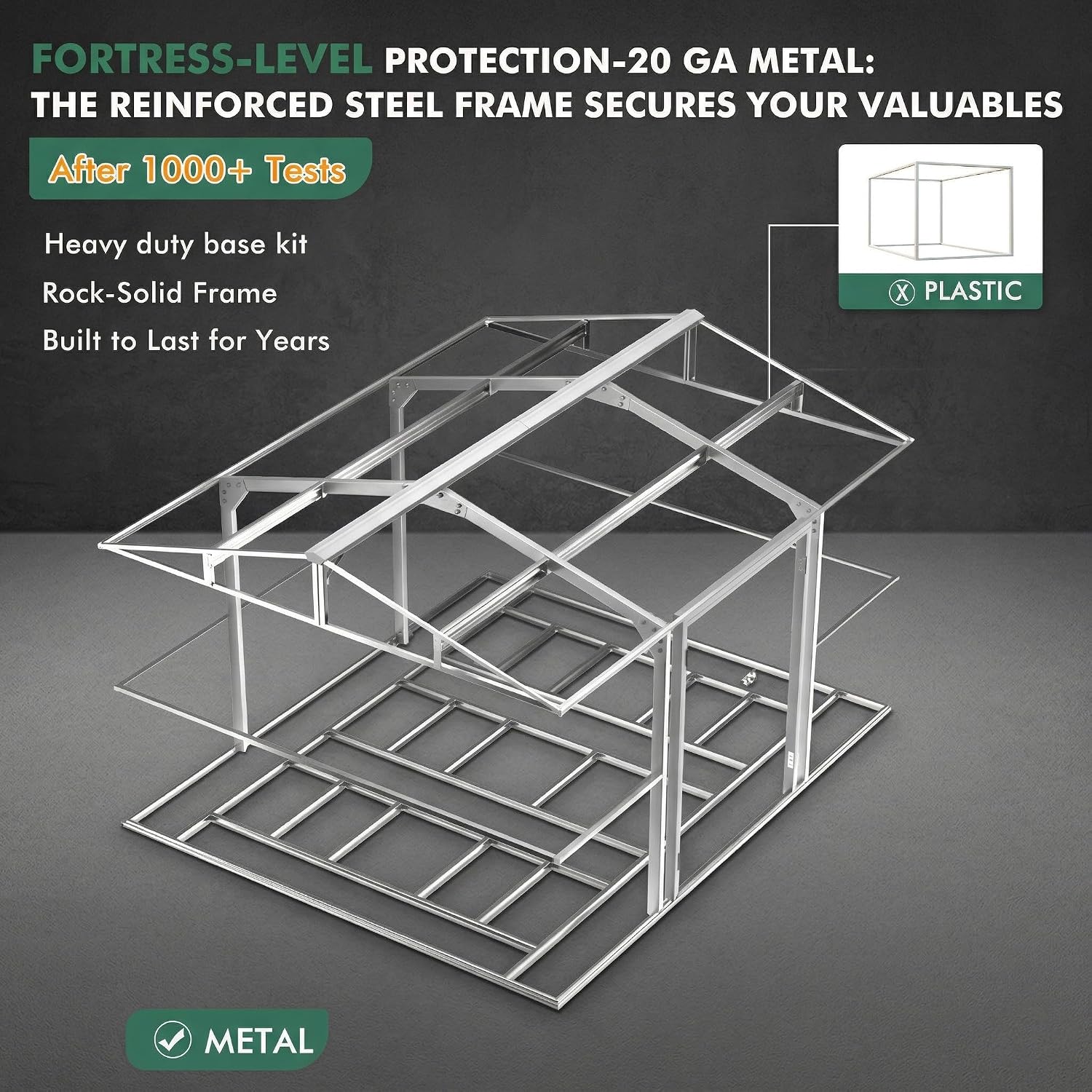 WACASA 12x10 FT Metal Shed with Base Frame Floor Kit | Heavy-Duty Military-Grade 20-Gauge Reinforced Frame with Powder Coating | 50 PSF Snow Load & 120 MPH Wind Rated | Skylight Tiny House Building