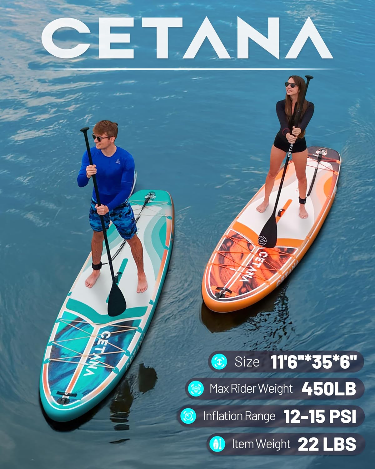 CETANA 11'6×35' Extra Wide Inflatable Paddle Board,Stand Up Paddle Board for Beginner,450lb Capacity SUP for Family with Safety Leash,3 Removable Fins,Dual-Action Pump& Floating Paddle