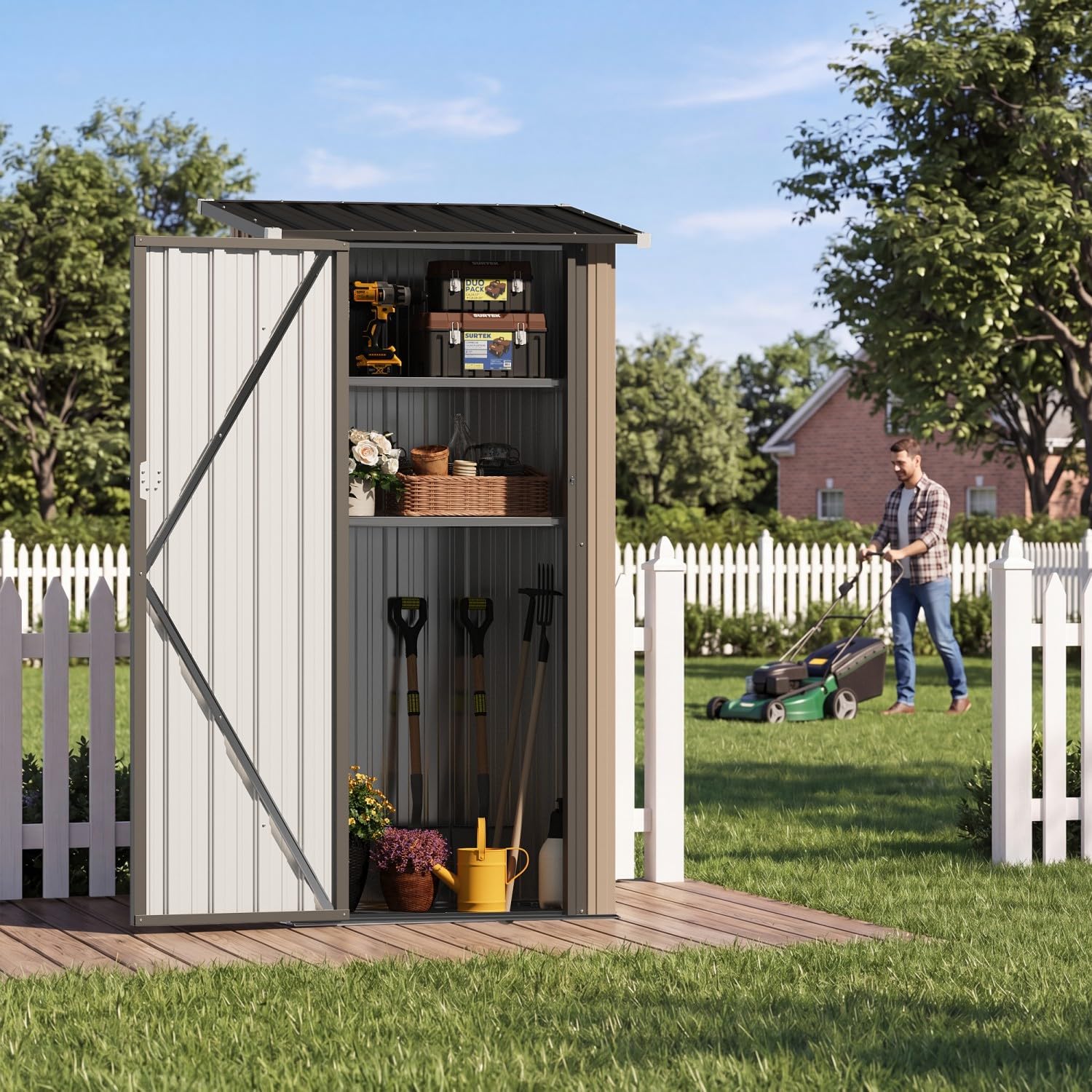 Aoxun Outdoor Storage Shed with Floor - Vertical Cabinet, 3x3 FT Metal Shed with 2 Adjustable Shelves & Lockable Doors Waterproof Tools Shed for Backyard, Garden, Patio, Lawn (Brown)