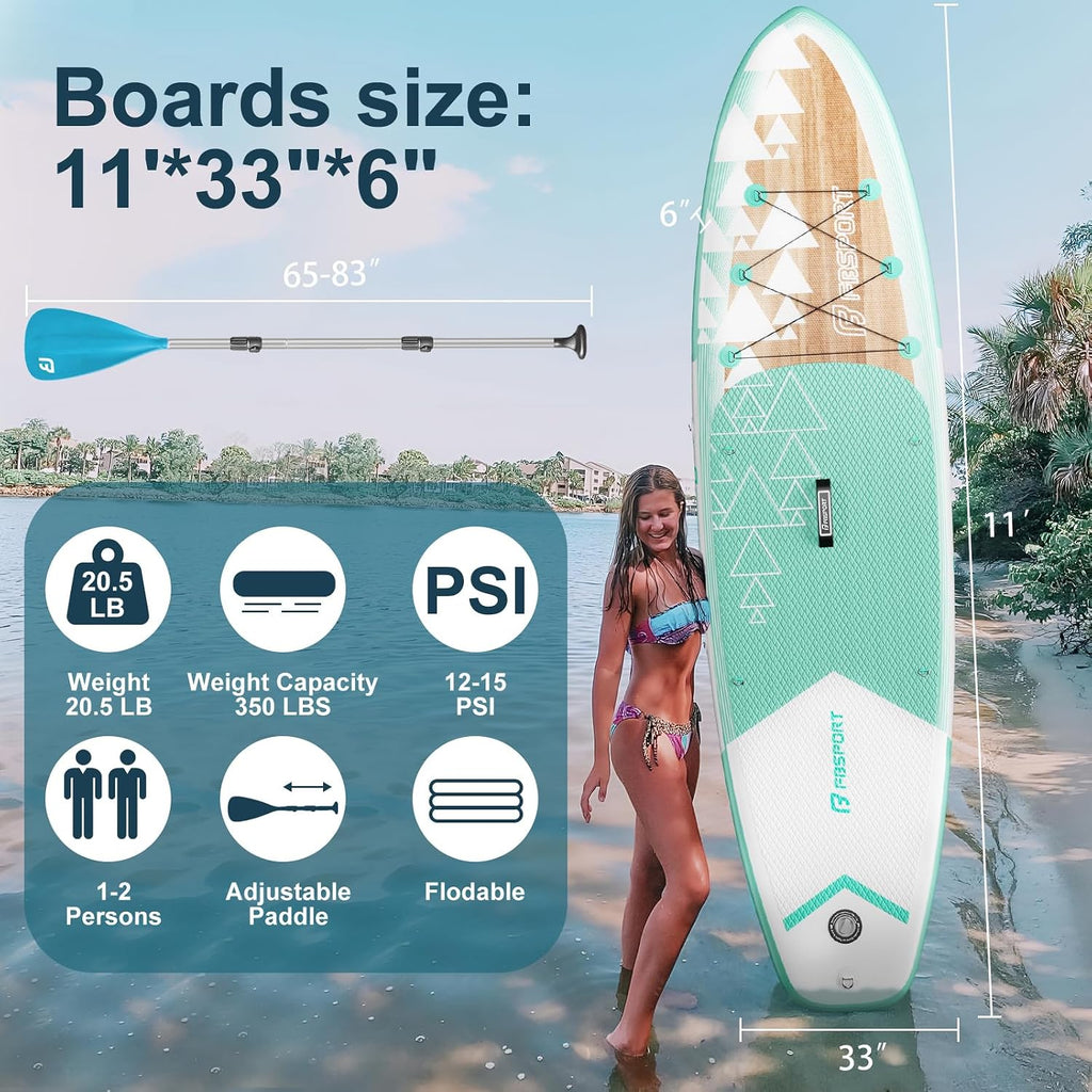 FBSPORT 11' Premium Stand Up Paddle Board, Yoga Board with SUP Accessories & Carry Bag | Wide Stance, Surf Control, Non-Slip Deck, Leash, Paddle and Pump for Youth & Adult