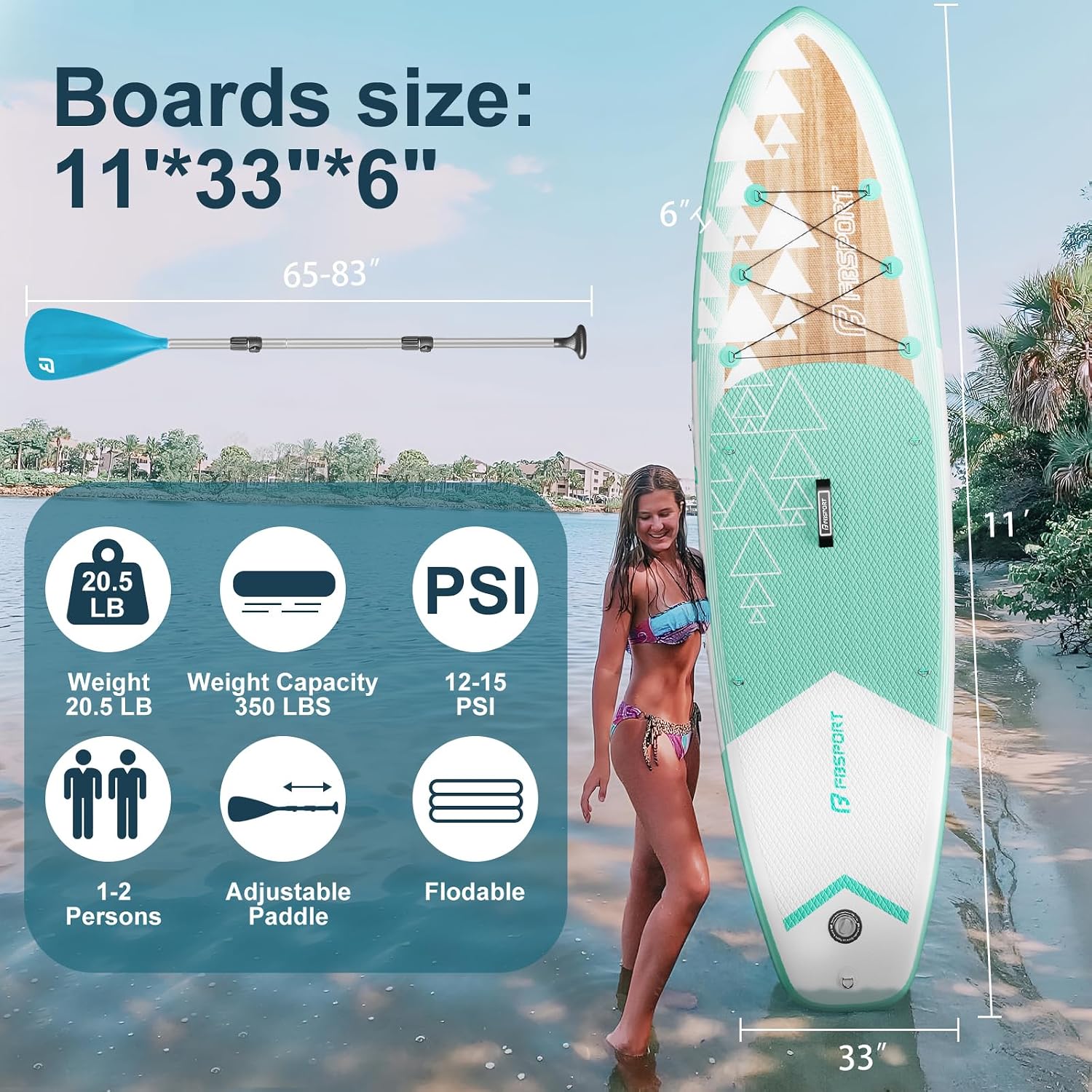 FBSPORT 11' Premium Stand Up Paddle Board, Yoga Board with SUP Accessories & Carry Bag | Wide Stance, Surf Control, Non-Slip Deck, Leash, Paddle and Pump for Youth & Adult