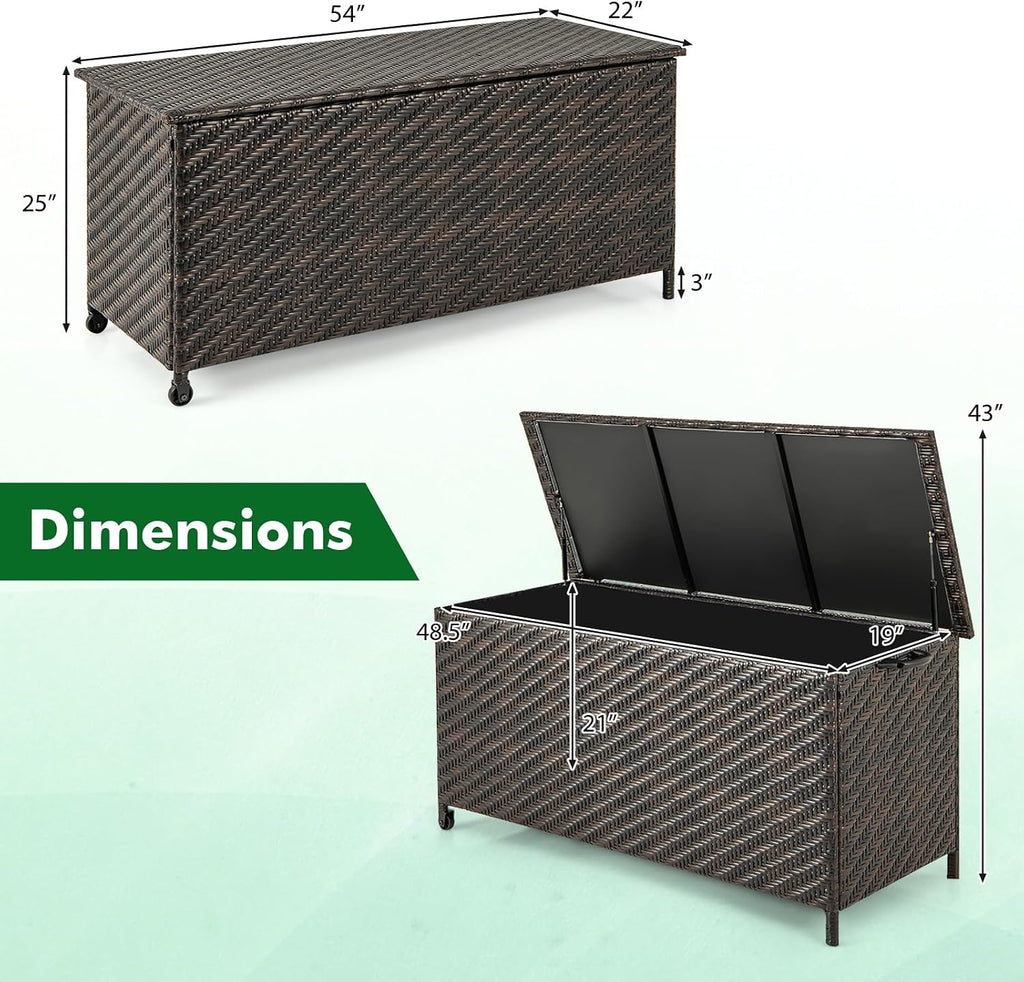 Tangkula Tightly-Woven Rattan Deck Box, Patiojoy Storage Cabinet Container with Polyester Liner, Universal Wheels & Gas Strut, 85 Gallon Indoor Outdoor Storage Box for Pillows, Cushions (Brown)