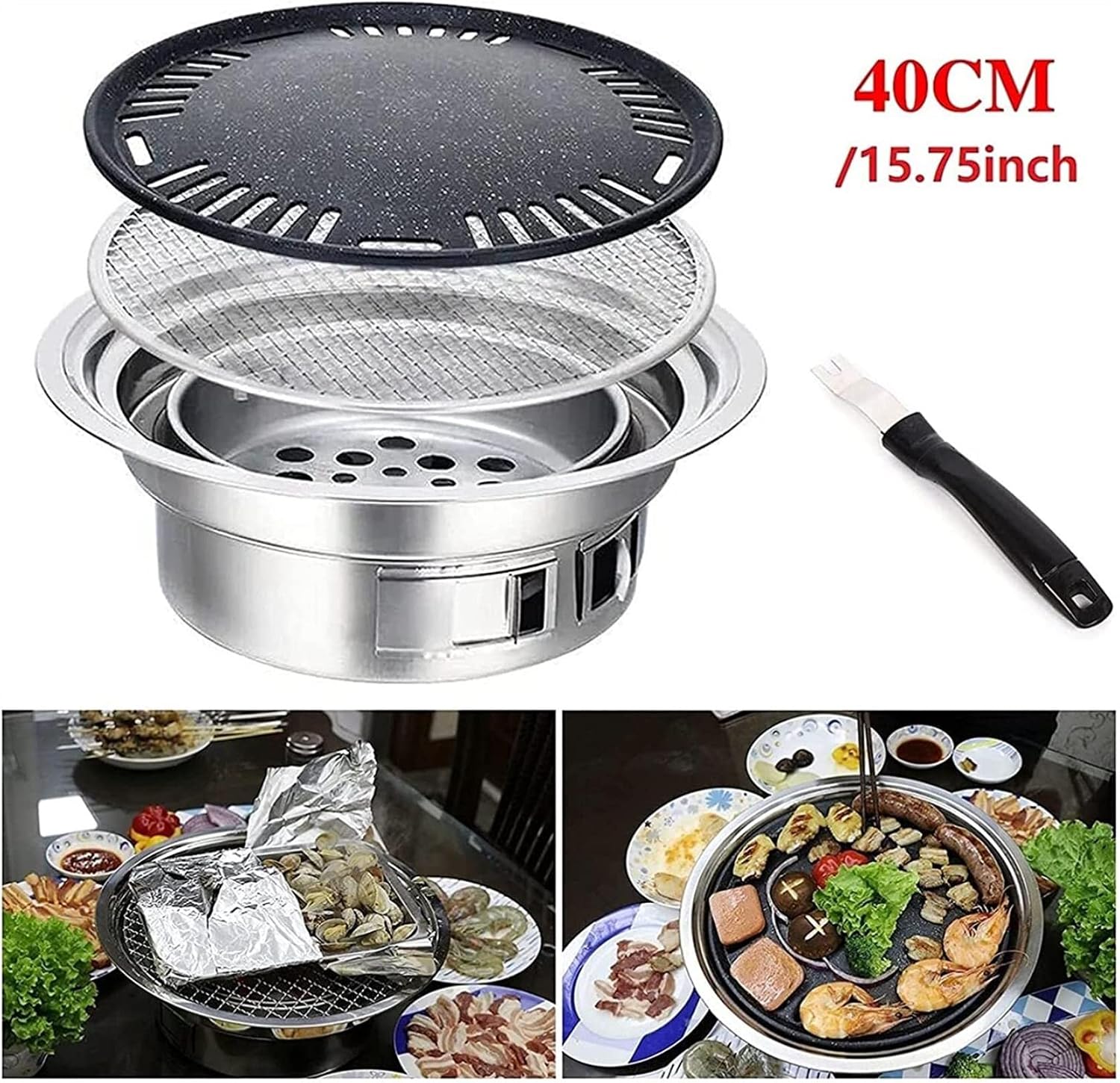 Portable Table Grill, Korean Style BBQ Grill, Stainless Steel BBQ Grill Stove Outdoor Camping Cooker, Charcoal Grill BBQ, Round Barbecue Grill, Indoor&Outdoor Grill BBQ,15.75inch