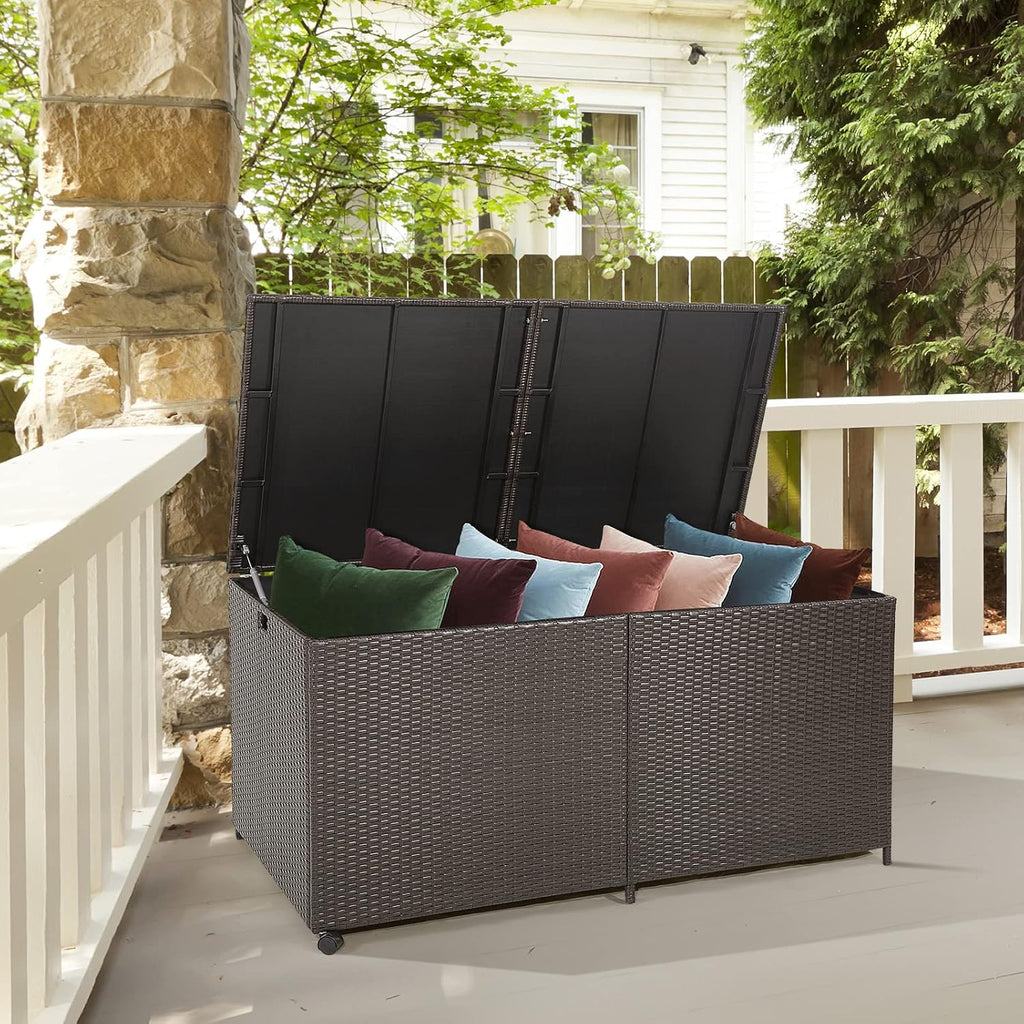 Tangkula 175 Gallon Outdoor Storage Box, Wicker Patio Deck Box with 2 Universal Wheels and Waterproof Zippered Liner, Outdoor Storage Container for Cushions, and Garden Tools