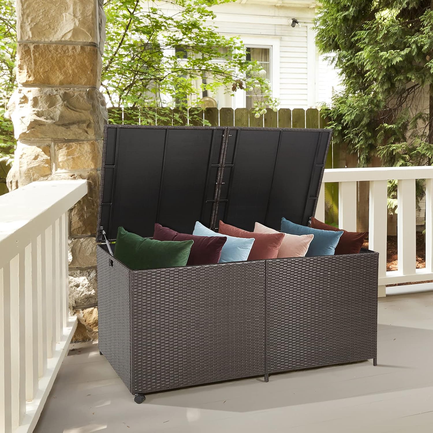Tangkula 175 Gallon Outdoor Storage Box, Wicker Patio Deck Box with 2 Universal Wheels and Waterproof Zippered Liner, Outdoor Storage Container for Cushions, and Garden Tools