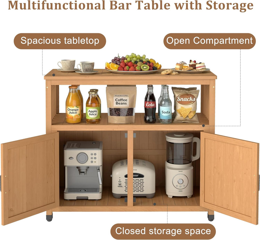 Mederlo Wooden Patio Bar Table with Storage, Cedar Outdoor Buffet Cabinet Sideboard, 42 x 18 x 37 in Serving Station with Double-Layer Tabletop for Patio, Deck, Backyard, Indoor