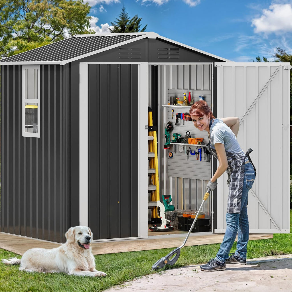 DWVO 6x4ft Metal Tool Shed with Window, Outdoor Storage Shed for Backyard, Lawn, and Patio, Heavy-Duty Storage Unit with Four Vents & Lockable Door for Storing Tools, Equipment & Trash Bins, Dark Gray