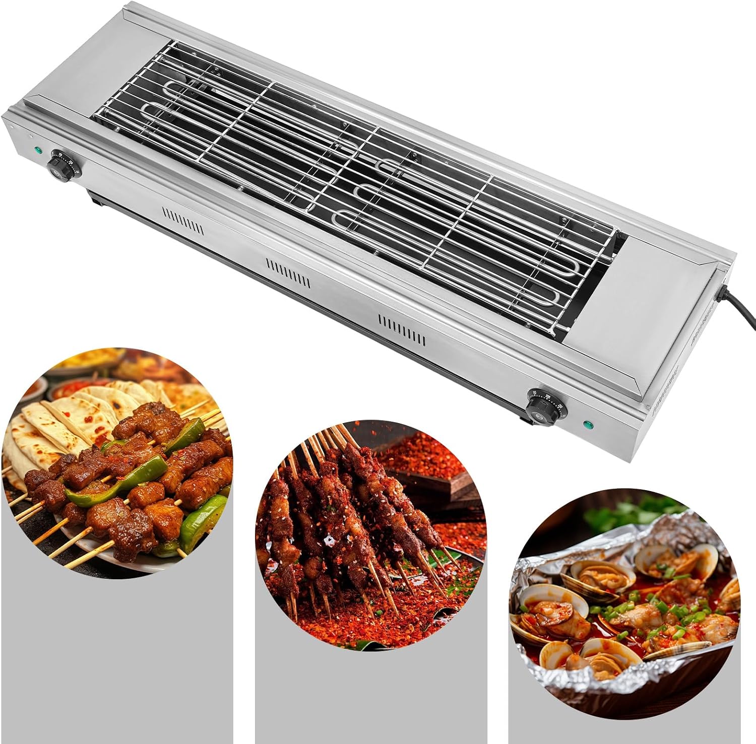 DYRABREST Electric Portable BBQ Grill 3000W Dual-Head Temperature Control Stainless Steel Griller with Large 31.6x20.5 Inch Cooking Surface, 110V Outdoor Grill for Steak, Chicken, Vegetables (Silver)