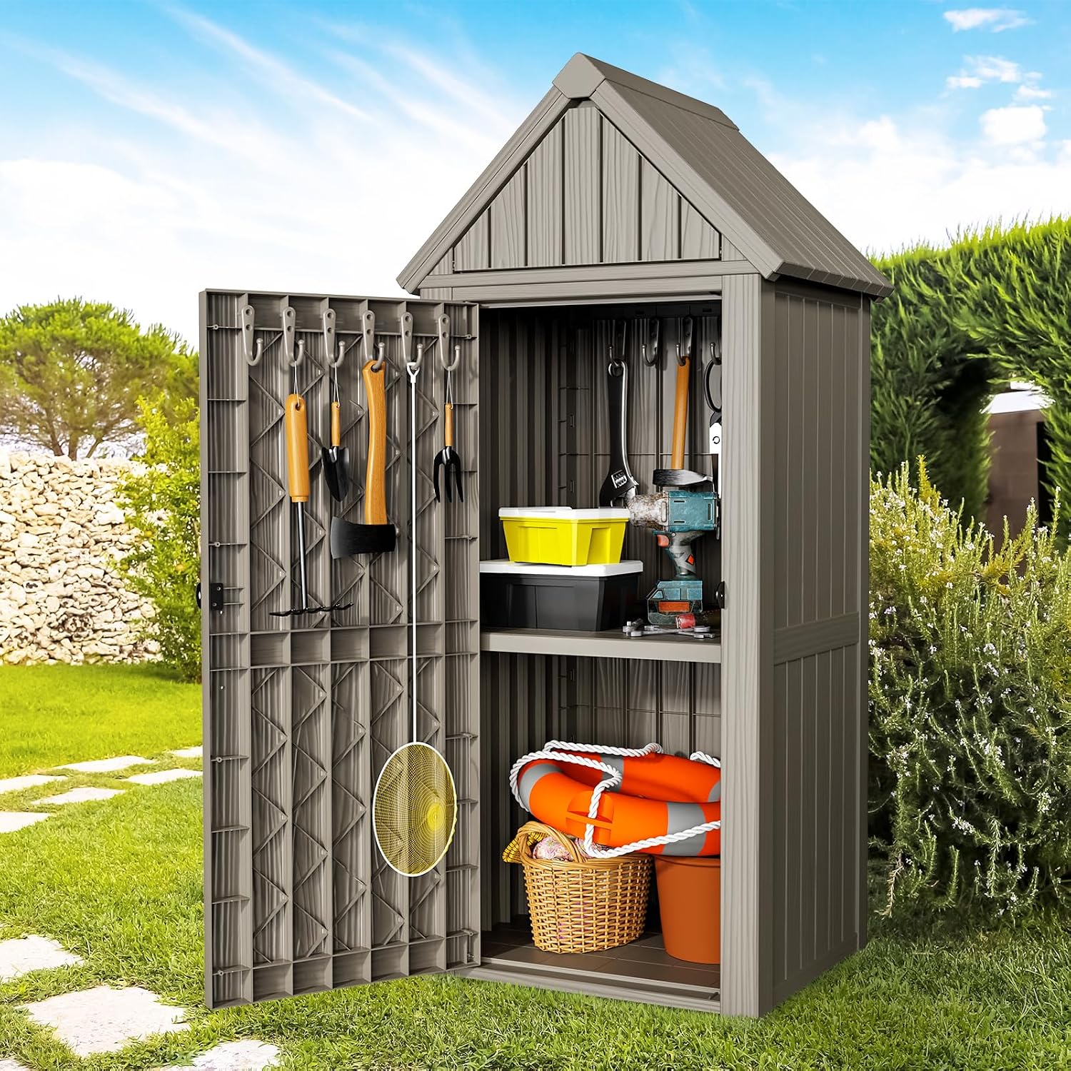 ONBRILL Multifunctional Storage Shed, Outdoor Storage Cabinet with Hooks and Lock Ring, Waterproof Outdoor Storage Shed for All Weather, Tool Outdoor Shed for Patio Lawn and Garden