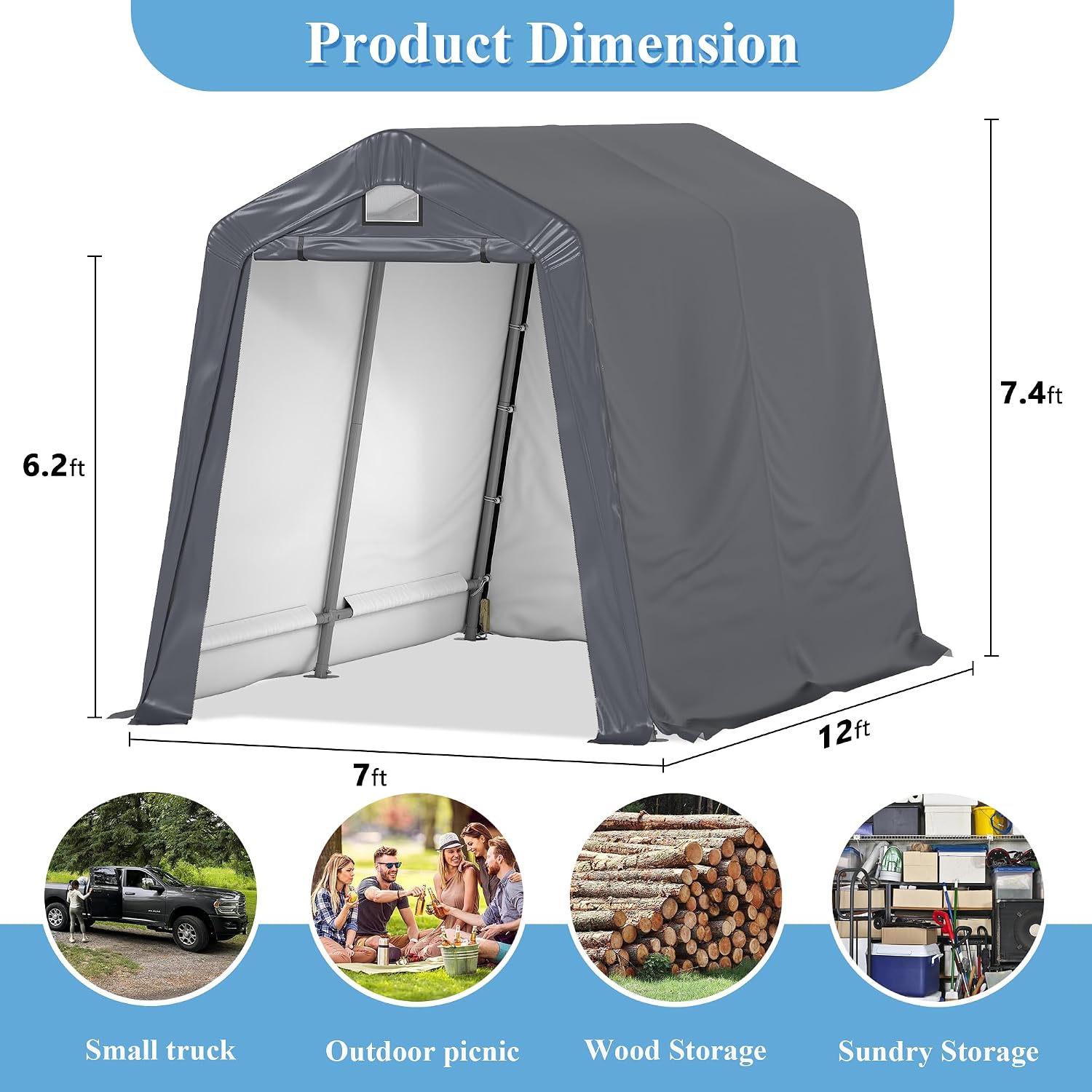 7x12 Ft Outdoor Storage Shelter, Waterproof Portable Storage Shed with Roll-up Zipper Door and Ventilated Windows for Motorcycle, Bike, Tools