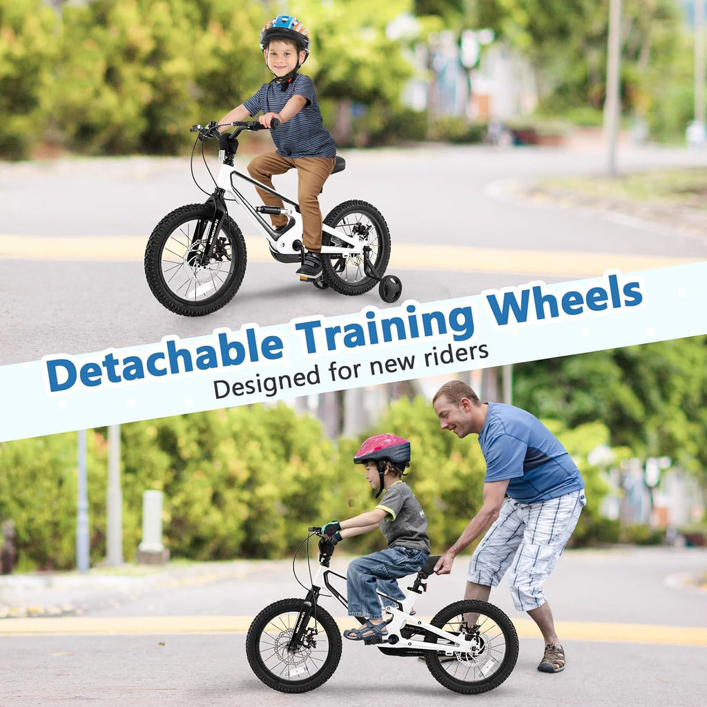 BABY JOY Kids Bike, 16' Magnesium Sporty Bicycle with Dual Disc Brakes, Removable Training Wheels, Body Suspension, Adjustable Handlebar & Saddle, Girls Boys Bike