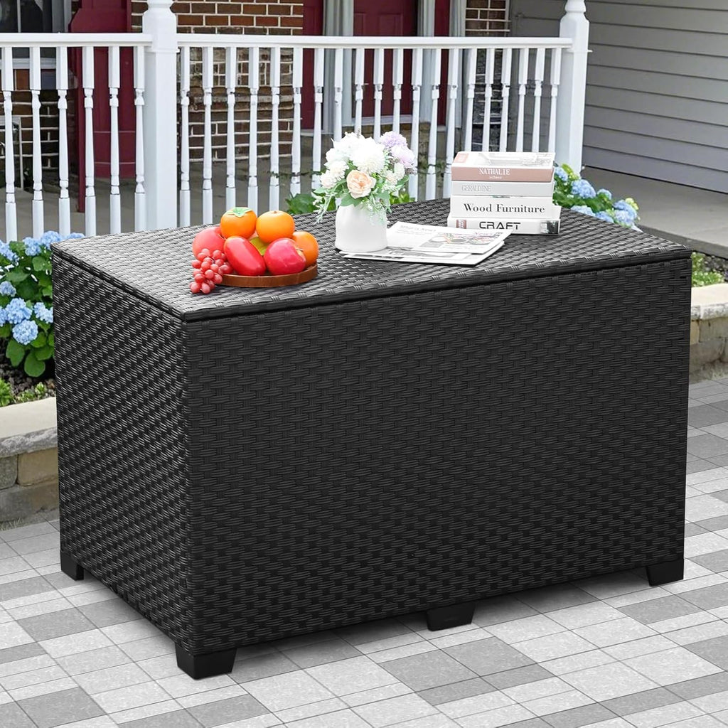 Lviden 140 Gallon Outdoor Storage Box Wicker Patio Storage Bin with Waterproof Lining Bag Deck Box and Cushion Storage Bin Outdoor, Black