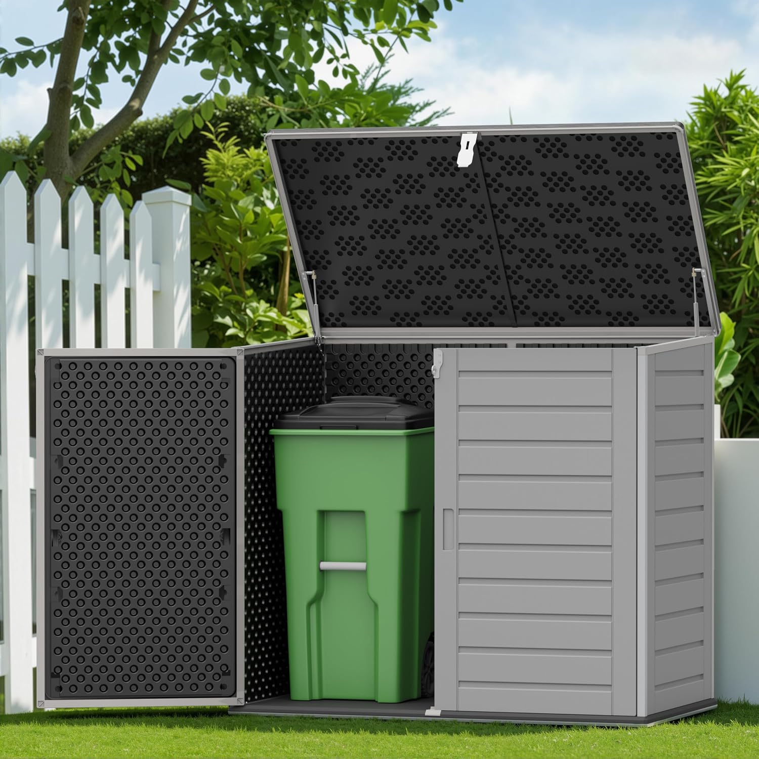 Horizontal Outdoor Trash Can Storage Shed, 304 Gallon Resin Garbage Can Storage Shed with Lockable Doors & Lift Lid, Waterproof Bin Shed for Backyard, Patio & Garden (Gray)