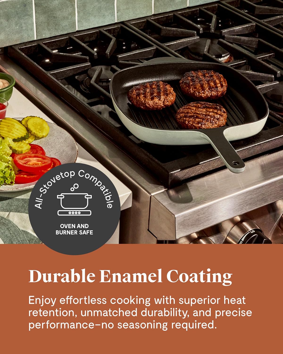 Caraway Enameled Cast Iron Grill Pan - 10.5' Grill Pan for Stovetop Cooking - 3 Layer Enamel Coating - No Seasoning Required - Compatible With All Stovetops - Free From Forever Chemicals - Gray